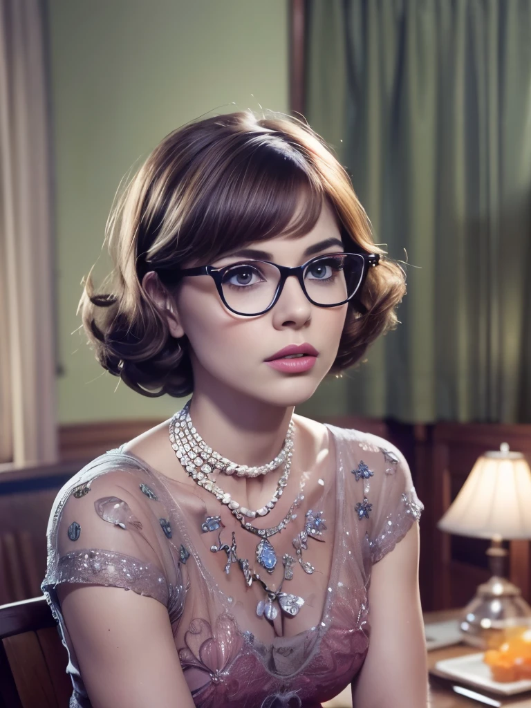 A stunning gorgeous woman. Age 23. in a 1960s style orange dress, Velma Dinkley, beautiful detailed eyes, beautiful detailed lips, extremely detailed face and expression, long eyelashes, round glasses, short brown hair, curious and intelligent expression, (best quality,4k,8k,highres,masterpiece:1.2),ultra-detailed,(realistic,photorealistic,photo-realistic:1.37),intricate details,vibrant colors,warm lighting,1960s fashion,Mystery Inc. cartoon style