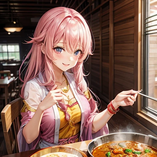 Pink-haired goddess eating curry　Indian traditional clothing　Isekai Cafeteria