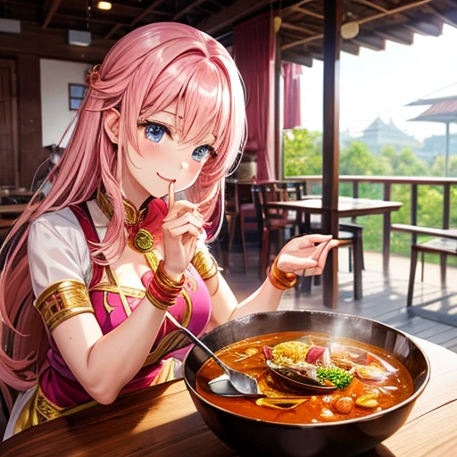 Pink-haired goddess eating curry Indian traditional clothing Isekai Cafeteria