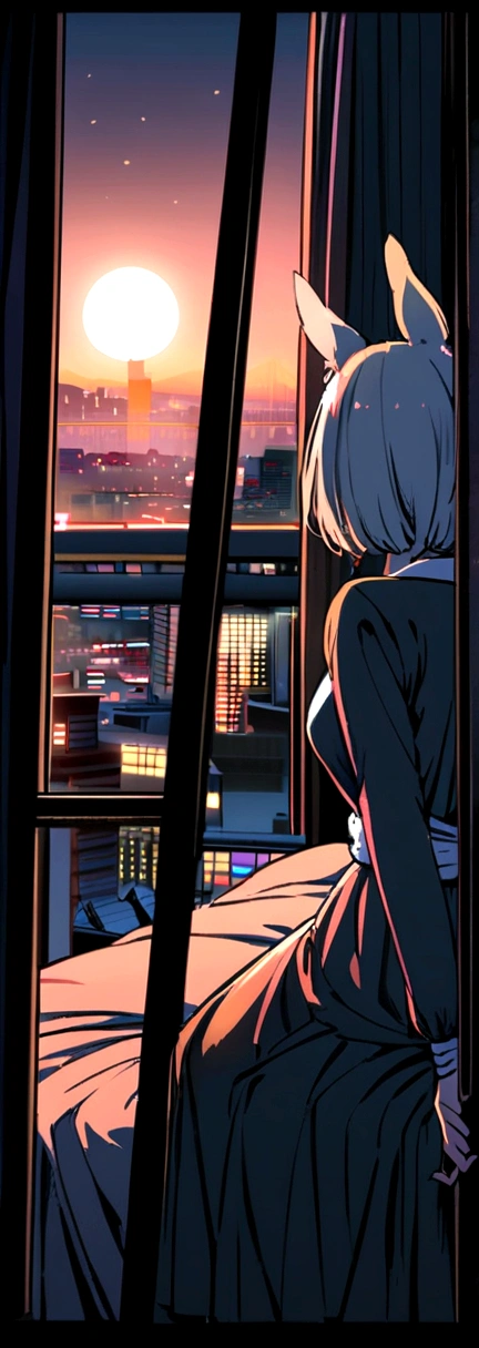 Rabbit girl with hands tied behind her back、Large window in the background、Bed、Night view of Tokyo