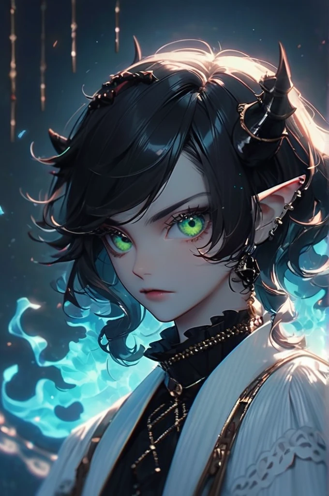 ((Лучшее качество)), ((шедевр)), (подробный), devil girl, bright green eyes, thin black eyebrows, thin black eyeliner, fiery long red wavy hair, piercing, two small horns, vampire fangs,portrait, (portrait:1,9), attention to detail, crystal, rocker style, (rocker style:1,6)