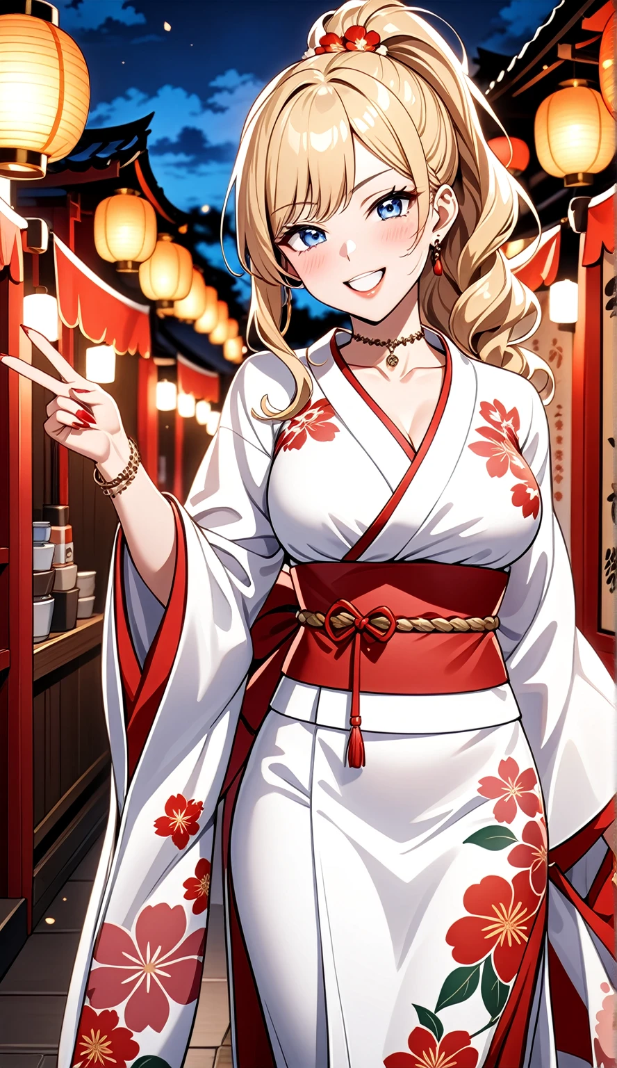 ((One personの女性)), Beautiful Face, (Laughing embarrassedly), ((smirk:1.1)), ((Wink:1.3)), (head tilt:1.3), Laugh with your mouth wide open, upper teeth, looking at viewer, ((Bright red cheeks:1.2)),Glossy Red Lips, evening, Shrine festival stalls, Glossy red lips, Shining Face, ((Anime style background)),masterpiece, Highest quality, so beautiful,up to date, Complex details, (Pink long nails), (nail art), (ring),(bracelet), (helix piercing:1.6), (Floral choker),AI-generated, Complex,High resolution, Highest quality, super high quality,3D Images、3D Images,One person,Blonde long hair,(High Ponytail), (wavy hair), Anime woman posing for a photo, ((Fine grain、Lightly pigmented blue eyes、Shining Eyes:1.3)), (Squint your eyes:1.1),a hyperRealistic , hyperRealistic , Realistic,Long and blonde anime woman, Smooth anime CG art, Pink large floral patternの刺繍が入った、Woman in luxurious kimono, (White long sleeve kimono),(Pink large floral pattern) ,Long flower hair ornament,Earrings,Mature Body,(Big Breasts:1.1),Tall,Abdominal muscles,Tight waist, ( making a peace sign), (front view),