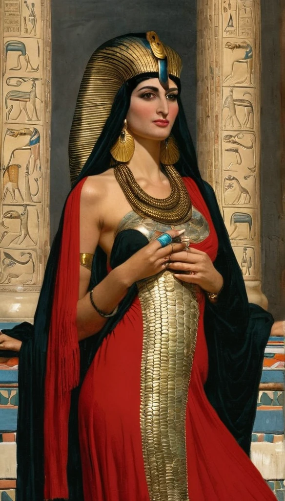 Femme égyptienne , avec une grosse poitrine, une peau de serpent, de l'Égypte antique, dans un temple égyptien, porte une robe rouge et couleur sable, épousant le corps, a de long cheveux raide noirs orné de nombreux bijoux,  la femme est enceinte de serpent, sa poitrine gonflé de lait, des crochets de serpent, visible lorsqu'elle sourit, a des yeux doré a pupilles reptilienne, porte un cobra noir 