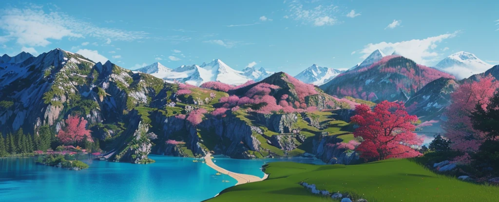 natural scenery,Mountain,Mountain石,Pink Plants,Green plants,Lake,Pink Plants布满Mountain上,Red tree,Extremely detailed,Realistic style