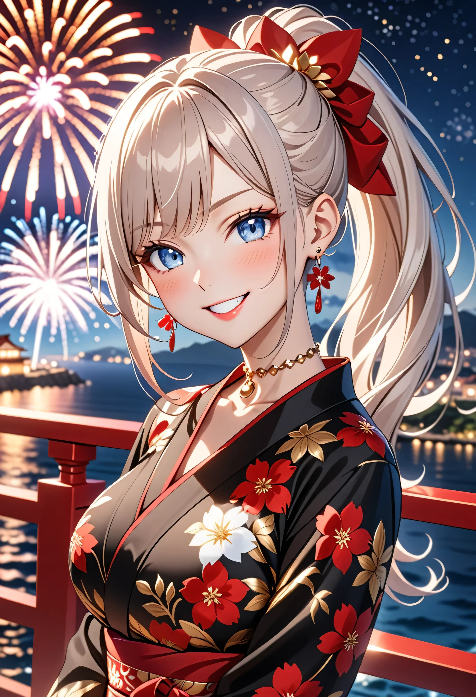 ((one personの女性)), Beautiful Face, (Laughing embarrassedly), (smirk:1.4), ((wink:1.5)), (head tilt:1.3), Laugh with your mouth wide open, upper teeth, looking at viewer, (Doing y poses), ((Bright red cheeks:1.4)), Glossy Red Lips, night,Terrace with sea view, firework, Glossy pink lips, Shining Face, ((Anime style background)),masterpiece, Highest quality, so beautiful,up to date, complex details, (long nails of red color), (nail art), (ring),(bracelet),(Floral choker), (helix piercing), AI-generated, complex,High resolution, Highest quality, super high quality,3D Images、3D Images,one person,Long white hair,High Ponytail, Anime woman posing for a photo, (Light blue eyes:1.2), ((Fine grain、Bluish, lightly pigmented eyes、Shining Eyes:1.3)), (Squint your eyes:1.1),a hyperRealistic , hyperRealistic , Realistic,Anime woman with long white hair, Smooth anime CG art, (A woman in a colorful kimono with gold embroidery), ((Black long sleeve kimono:1.3)), Red floral pattern,Long flower hair ornament,Earrings,Matdy,(Big Breasl,Abdominal muscles,Tight waist, ((face focus:1.5)), (dutch angle:1.3),