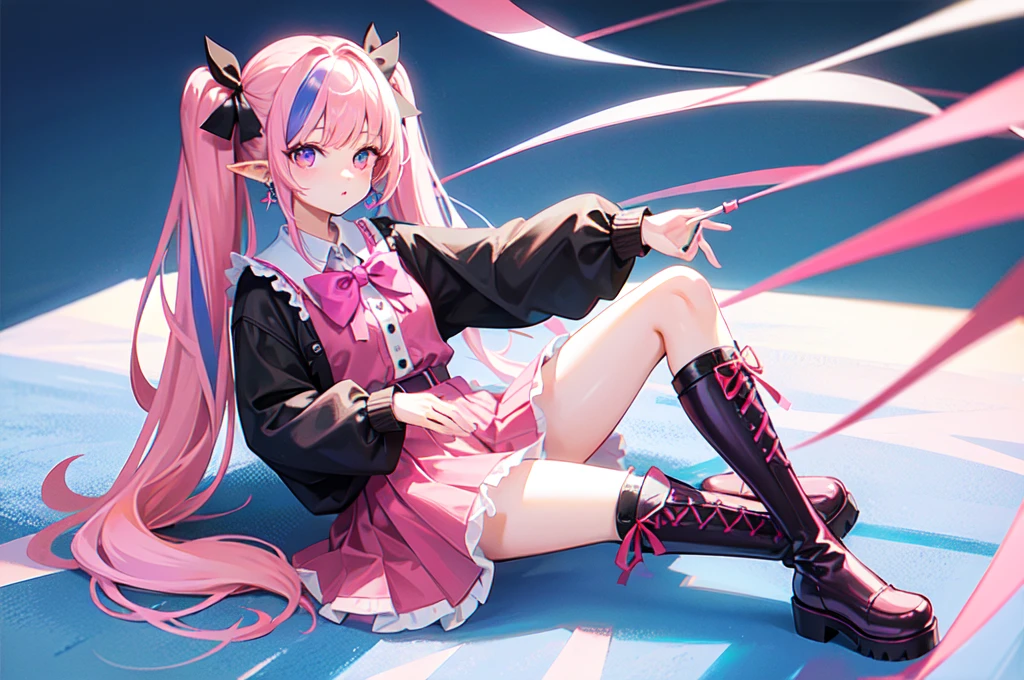 (masterpiece:1.2), best quality,PIXIV, Sweet girl
1girl, multicolored hair, solo, purple eyes, pink hair, platform footwear, black hair, food, long hair, sitting, bow, boots, twintails, long sleeves, bangs, black footwear, black bow, hair bow, skirt, full body, looking at viewer, shirt, virtual youtuber, jewelry, ribbon, candy, dress, earrings, pointy ears, lollipop, streaked hair, holding, purple hair, two-tone hair