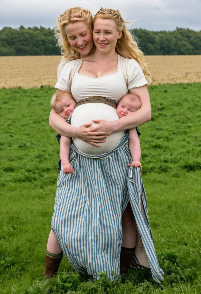 England, 1349. A young pregnant ((((30-year-old)) Gwenda)), strong, rustic, in a farm field, ((((hugging her -yeld dater tight)))), ((scared and relieved expression)). ((((clothings from the 1340s)))), ((blond hairstyle of the 1340s))