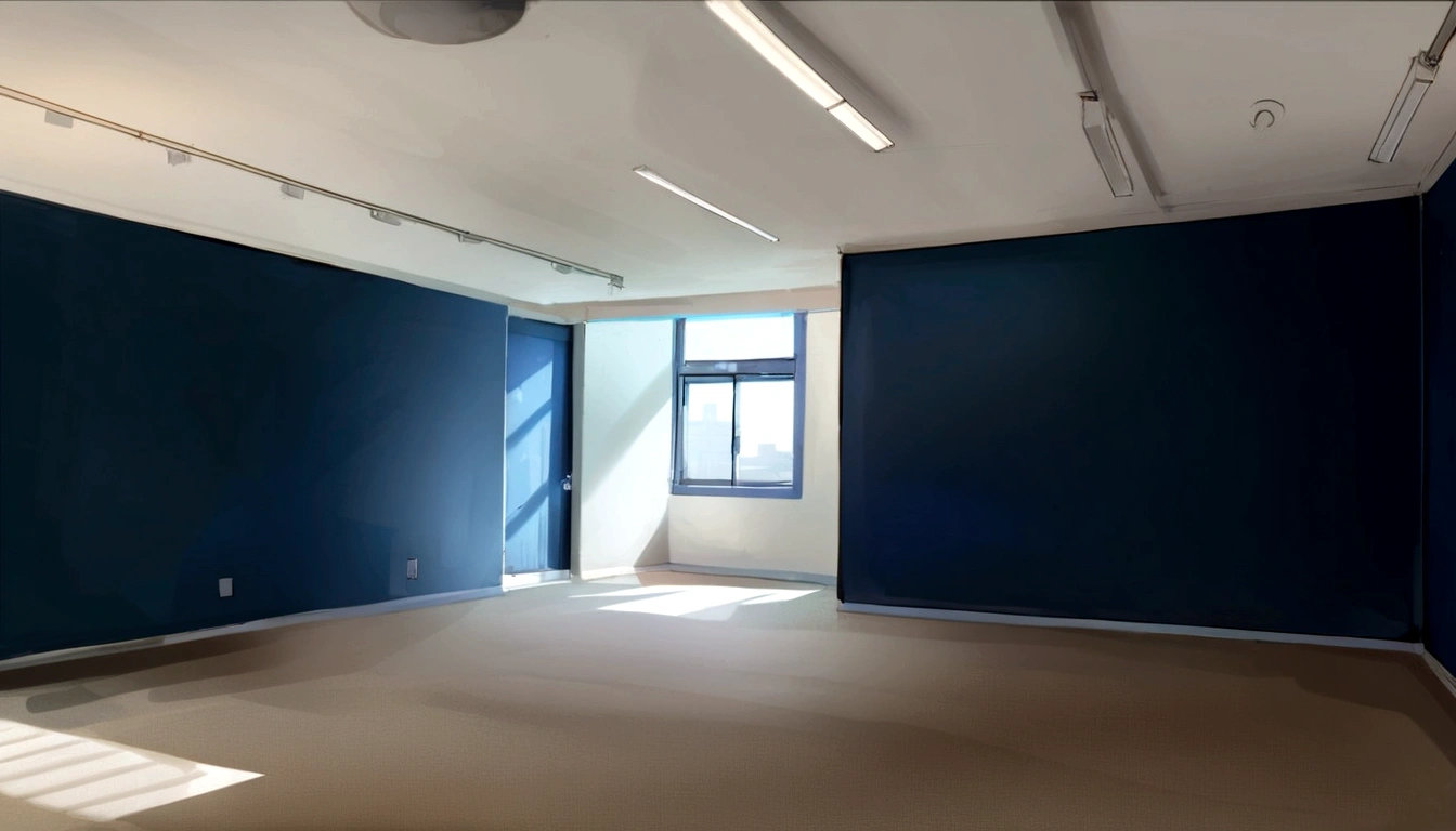 a view of a room with a blue wall and a window, a statue of a man thinking, brightly lit blue room, empty office, sparse room, empty room with black walls, large open room, interior photograph, blue walls, brightly lit room, backrooms office space, an empty liminal space, bright render, high light on the left, an empty office hallway, offices