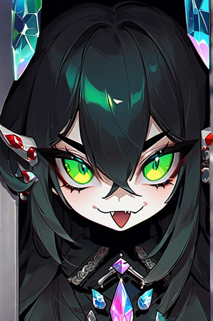 ((Лучшее качество)), ((шедевр)), (подробный), devil girl, bright green eyes, thin black eyebrows, thin black eyeliner, fiery long red wavy hair, piercing, two small horns, long sharp tongue, shows tongue vampire fangs, portrait, (portrait:1,9), attention to detail, crystal, rocker style, (rocker style:1,9)