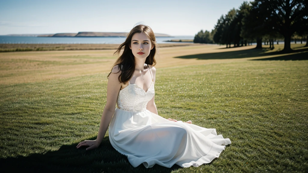 an icelandic woman with beautiful Delicate eyes, Beautiful and delicate lips, Extremely detailed face and skin, Pale skin, 23 years old,Wearing a long dress with spaghetti straps,high heels, medium long shot, Sitting on the grass in the park, beautiful light and shadow, panoramic view, (long legs), (full body portrait). Beautiful photography,Long eyelashes, Good anatomy , Practical skin texture, Delicate eyes, professional, 4K, Wide-angle lens, Optical Depth of Field, Kodak Vision Color, Perfectly proportioned body, Extremely detailed, ultra-photoPractical, Practical, Post-Processing, Maximum details, Roughness, real life, ultra -Practical, Photorealism, photography, 8K Ultra HD, photography