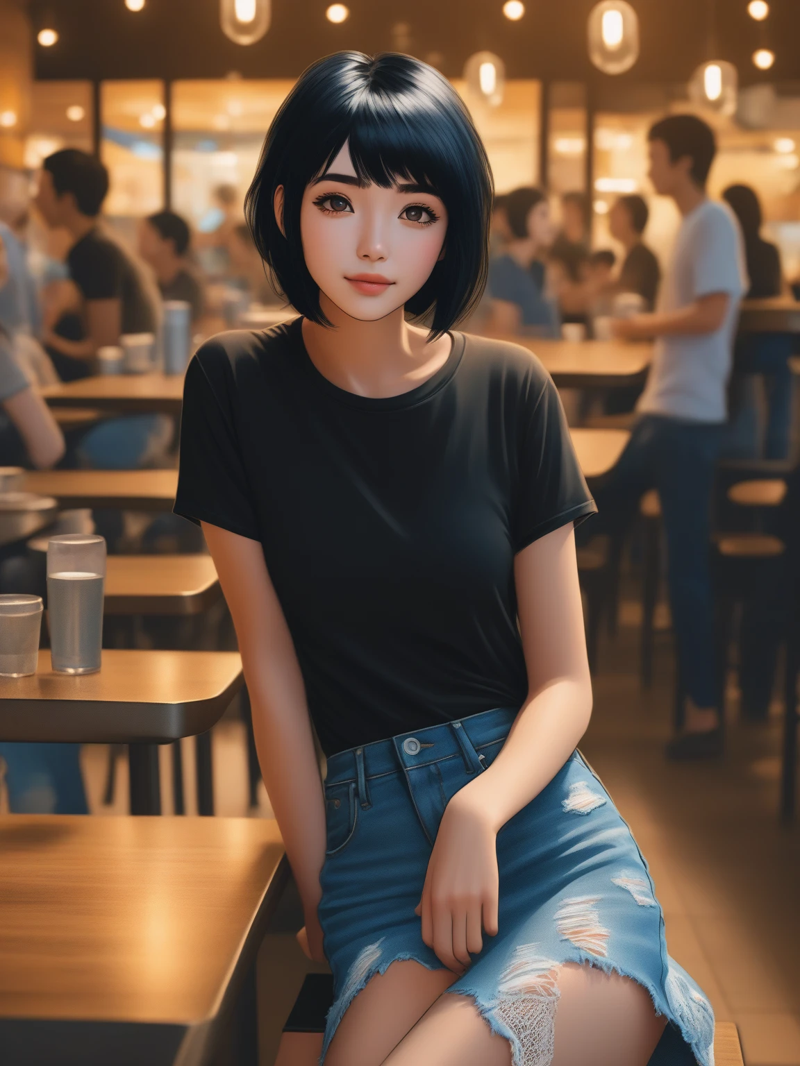 a pretty short black hair young woman in a cafeteria, wearing black t-shirt and light-blue denim pencil skirt, sitting, detailed facial features, intricate clothing textures, warm lighting, realistic japanese anime style, vibrant colors, 8k, highly detailed, masterpiece