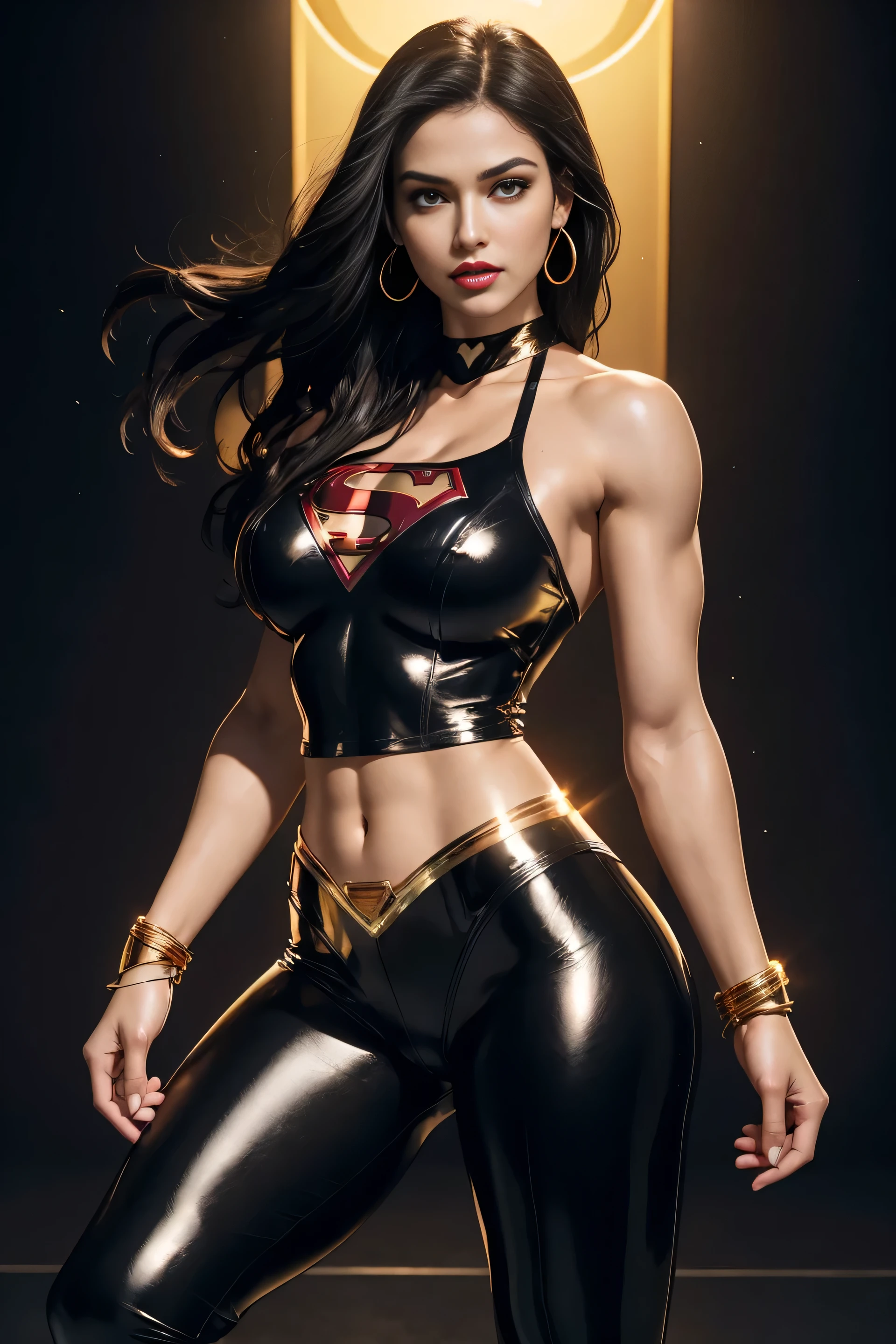 Full body shot seen from behind Sexy , superheroine Supergirl long black hair glowing brown eyes red lips muscular body large breast wears a black leather shiny tight leather pants, black leather shiny short, black stilettos, black tights, plunging sleeveless top gold shoulder pads gold bracelets revealing abs midriff a Z symbol on her chest portrait photography by artgerm, in the style of realism, glistening skin, cartooncore, mangacore, natural lighting, Defined full lips. Muscular fitness feminine body