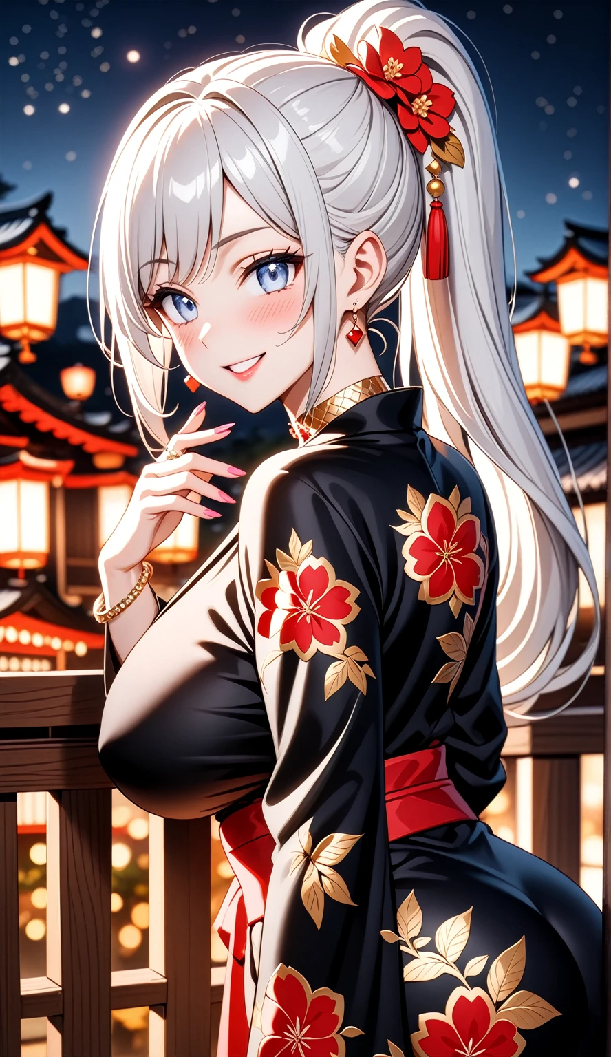 ((One personの女性)), Beautiful Face, (Laughing embarrassedly), (seductive smile:1.4), ((Wink:1.9)), (head tilt:1.3), Laugh with your mouth wide open, upper teeth, looking at viewer, ((full-face blush:1.6)),Glossy Red Lips,Night view, High terrace, firework, Glossy red lips, Shining Face, ((Anime style background)),masterpiece, Highest quality, so beautiful,up to date, Complex details, (Pink long nails),(ring),(bracelet),(Floral choker),AI-generated, Complex,High resolution, Highest quality, super high quality,3D Images、3D Images,One person,Long white hair,High Ponytail, Anime woman posing for a photo,(blue eyes), ((Fine grain、Silvery white, lightly pigmented eyes、Shining Eyes:1.3)), (Squint your eyes:1.1),a hyperRealistic , hyperRealistic , Realistic,Anime woman with long white hair, Smooth anime CG art, A woman in a colorful kimono with gold embroidery, ((Black long sleeve kimono)),Red floral pattern,Long flower hair ornament,Earrings,Mature Body,(Big Breasts:1.1),Tall,Abdominal muscles,Tight waist,(Leaning forward), (hip focus:1.1), ((looking back)),