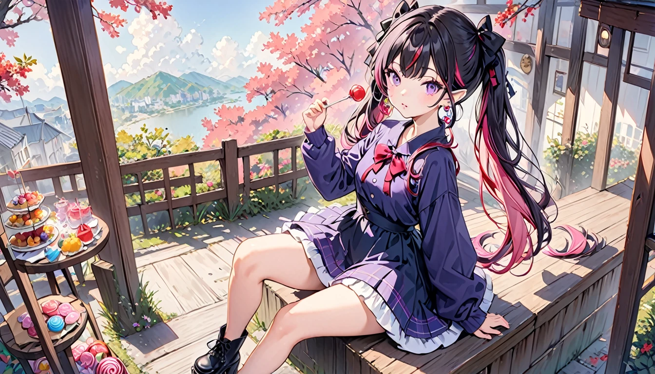 (masterpiece:1.2), best quality,PIXIV, Sweet girl
1girl, multicolored hair, solo, purple eyes, pink hair, platform footwear, black hair, food, long hair, sitting, bow, boots, twintails, long sleeves, bangs, black footwear, black bow, hair bow, skirt, full body, looking at viewer, shirt, virtual youtuber, jewelry, ribbon, candy, dress, earrings, pointy ears, lollipop, streaked hair, holding, purple hair, two-tone hair