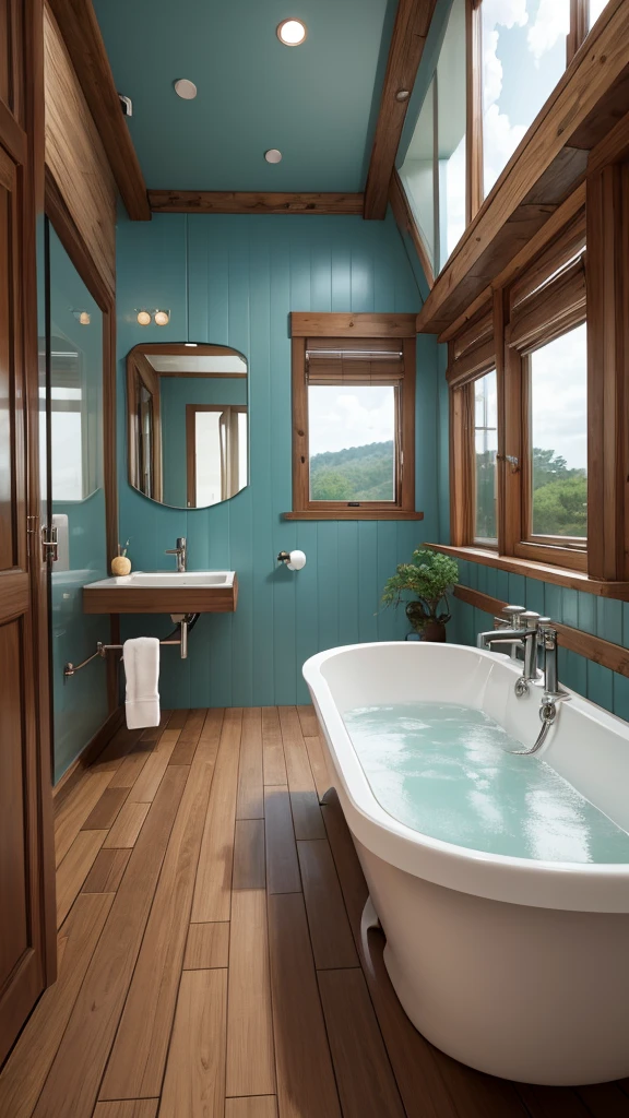 (masterpiece,Highest quality:8K) there is a bathtub in a bathroom with a View of the ocean, Digital rendering by Leo Getz, tumbler, Digital Art, View, Rustic, Premium bathroom design, eye - level View, explanation, 4 8 0 Po, 480 pages, In the bathroom, Sublime and cozy atmosphere, Vibrant atmosphere, Bathroom interior, Relaxing environment, Modern bathroom