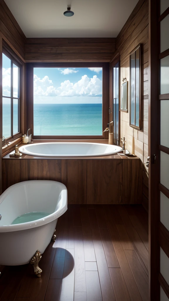 (masterpiece,Highest quality:8K) there is a bathtub in a bathroom with a View of the ocean, Digital rendering by Leo Getz, tumbler, Digital Art, View, Rustic, Premium bathroom design, eye - level View, explanation, 4 8 0 Po, 480 pages, In the bathroom, Sublime and cozy atmosphere, Vibrant atmosphere, Bathroom interior, Relaxing environment, Modern bathroom