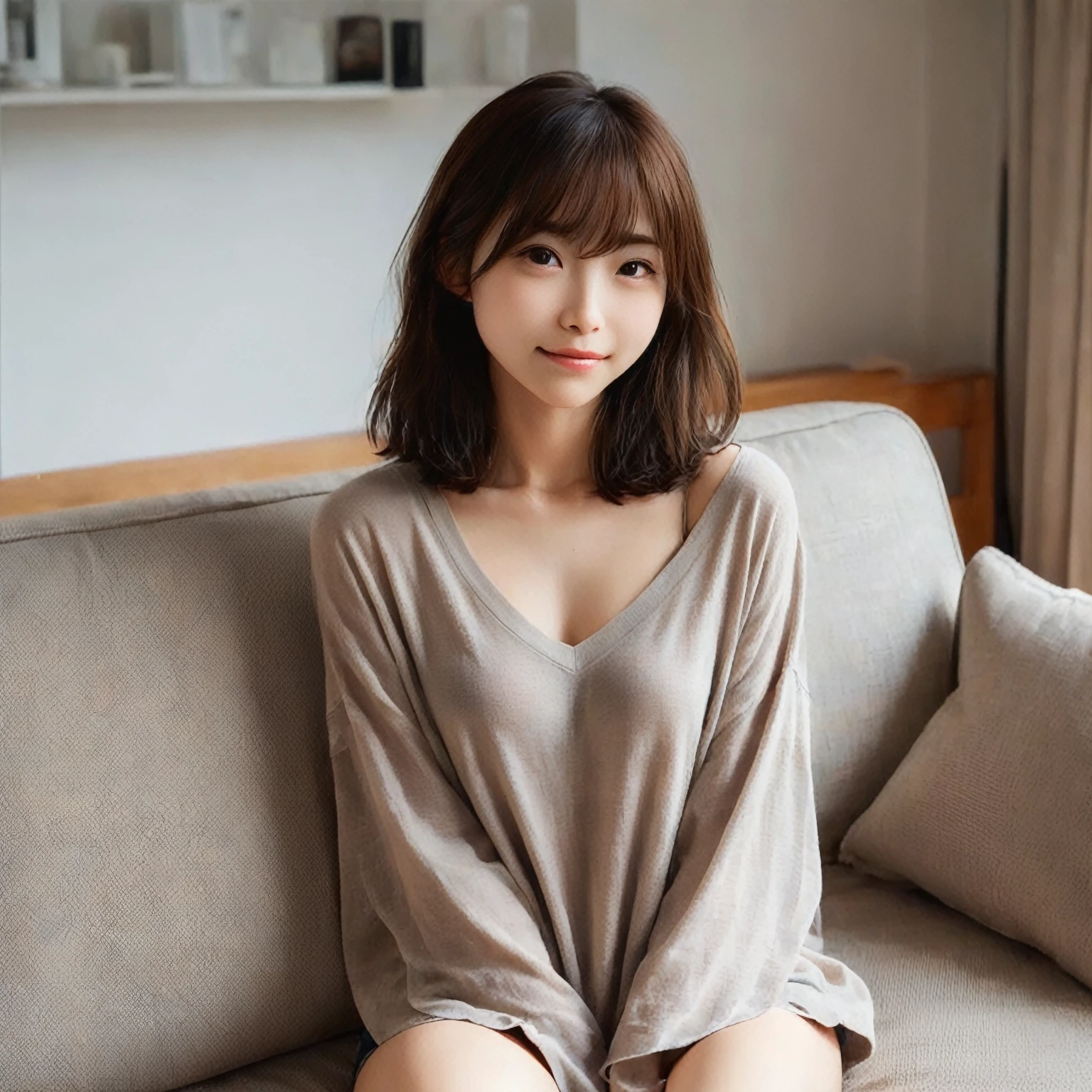 japanese 2girl, lying on the bed, (wearing a white tank-top and simple cotton shorts:2),(photoshoot style, shooting from front, upper knee statue, body facing forward), 26 years old, (toned body type:1.2, tall height 5.35 feet), (small breast :1.2, hemispherical udder silhouette:1.2), little smiling, perorbital swelling, brown fluffy and wavy short-cut hair, natural bangs, detailed brown eyes, detailed finger, suppin, no make, (photorealsitic:1.4), (high-resolution details of human skin texture:1.2, rough skin:1.2, Uneven skin tone:1.6, skin texture must be natural:1.1), top-quality, ​masterpiece, high resolution, raw photo, natural soft light, professional lighting