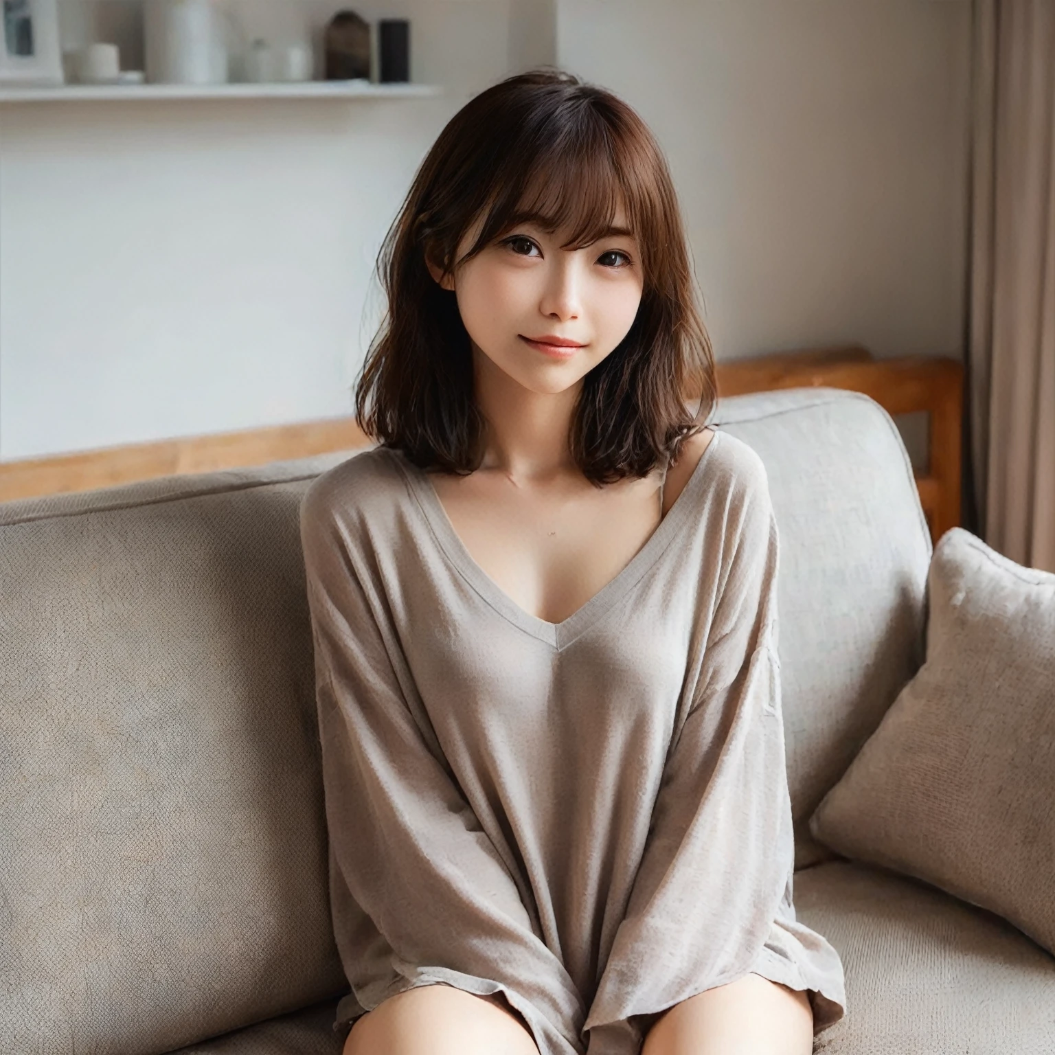 japanese 2girl, lying on the bed, (wearing a white tank-top and simple cotton shorts:2),(photoshoot style, shooting from front, upper knee statue, body facing forward), 26 years old, (toned body type:1.2, tall height 5.35 feet), (small breast :1.2, hemispherical udder silhouette:1.2), little smiling, perorbital swelling, brown fluffy and wavy short-cut hair, natural bangs, detailed brown eyes, detailed finger, suppin, no make, (photorealsitic:1.4), (high-resolution details of human skin texture:1.2, rough skin:1.2, Uneven skin tone:1.6, skin texture must be natural:1.1), top-quality, ​masterpiece, high resolution, raw photo, natural soft light, professional lighting