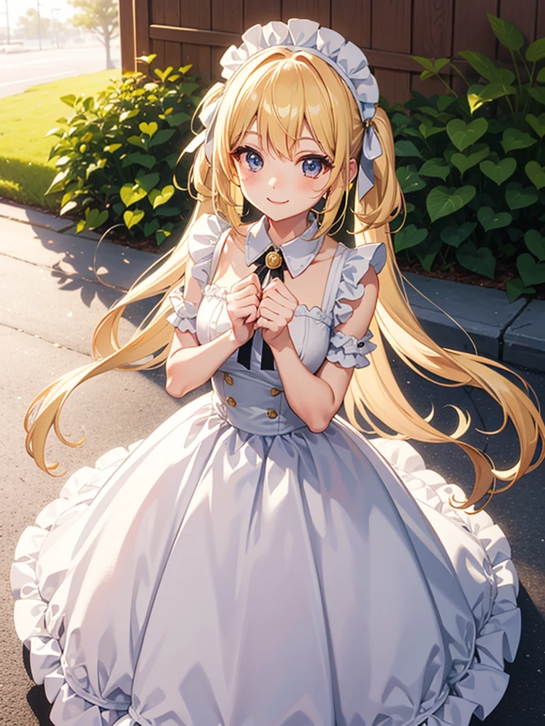 Anime girl, wearing adorable white roy ball gown, long wavy mini pigtails blonde hair, wearing maid headband All-white, smile expression, looking at the viewer, golden hour vibe.