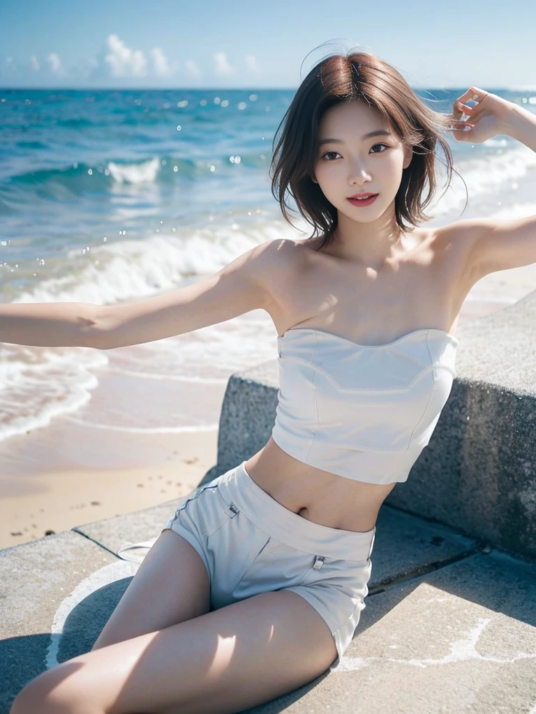 A very beautiful girl, short hair,White top,reality,Realistic,photo,Japan-Korea,model, HD CG,8k wallpaper, Fair and shiny skin, Skin texture is super delicate and delicate,Ultra HD, Digital SLR camera shooting, in the soft sunshine, high quality, Professional photographer outdoor shooting,emphasize, Off-shoulder,toothless smile, The refreshing ocean background is simple and blurry,Plain makeup,Makeup,Dewy and plump lips,slender arms,slim body,Concave and convex body curves,The picture only includes the waist and above,Strike an elegant and beautiful pose for the camera