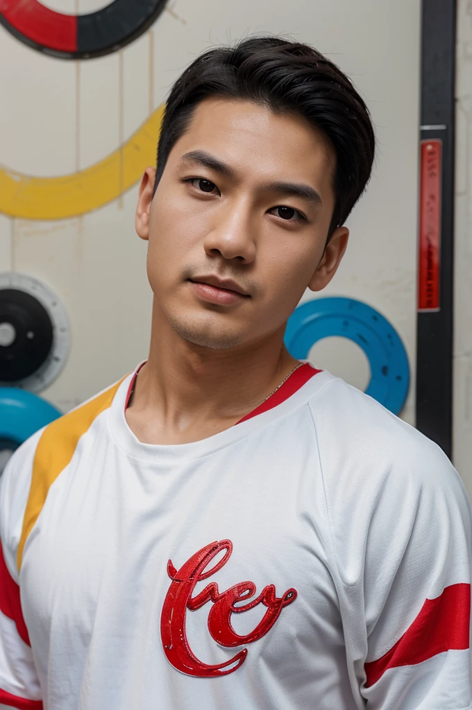 A contemporary abstract airbrush painting depicting half the body of an handsome Korean man with short black hair, looking at the camera, he is wearing a white t-shirt, thick red and white baseball jacket with the words "DHIKA" clearly read and spelled correctly. in blue, yellow with sepia tone style, nostalgic charm, dark white and light gray, 32k uhd, decorative painting, exaggerated.