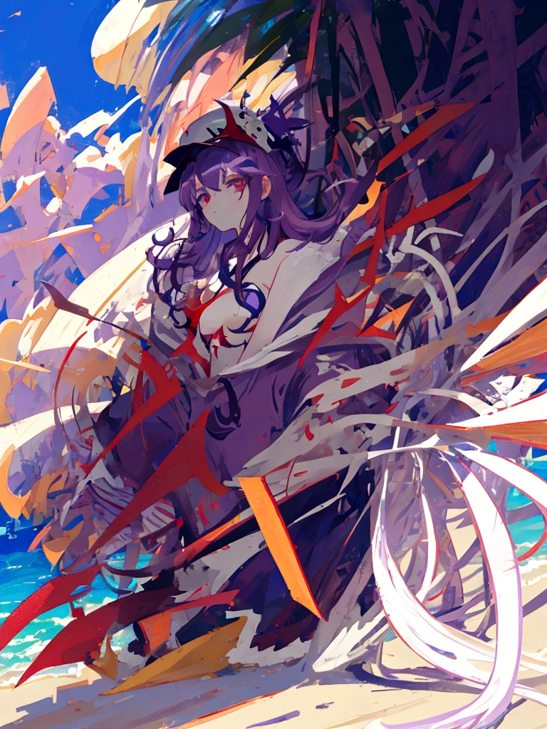 masterpiece, best quality, purple hair, red eyes,, beach hat