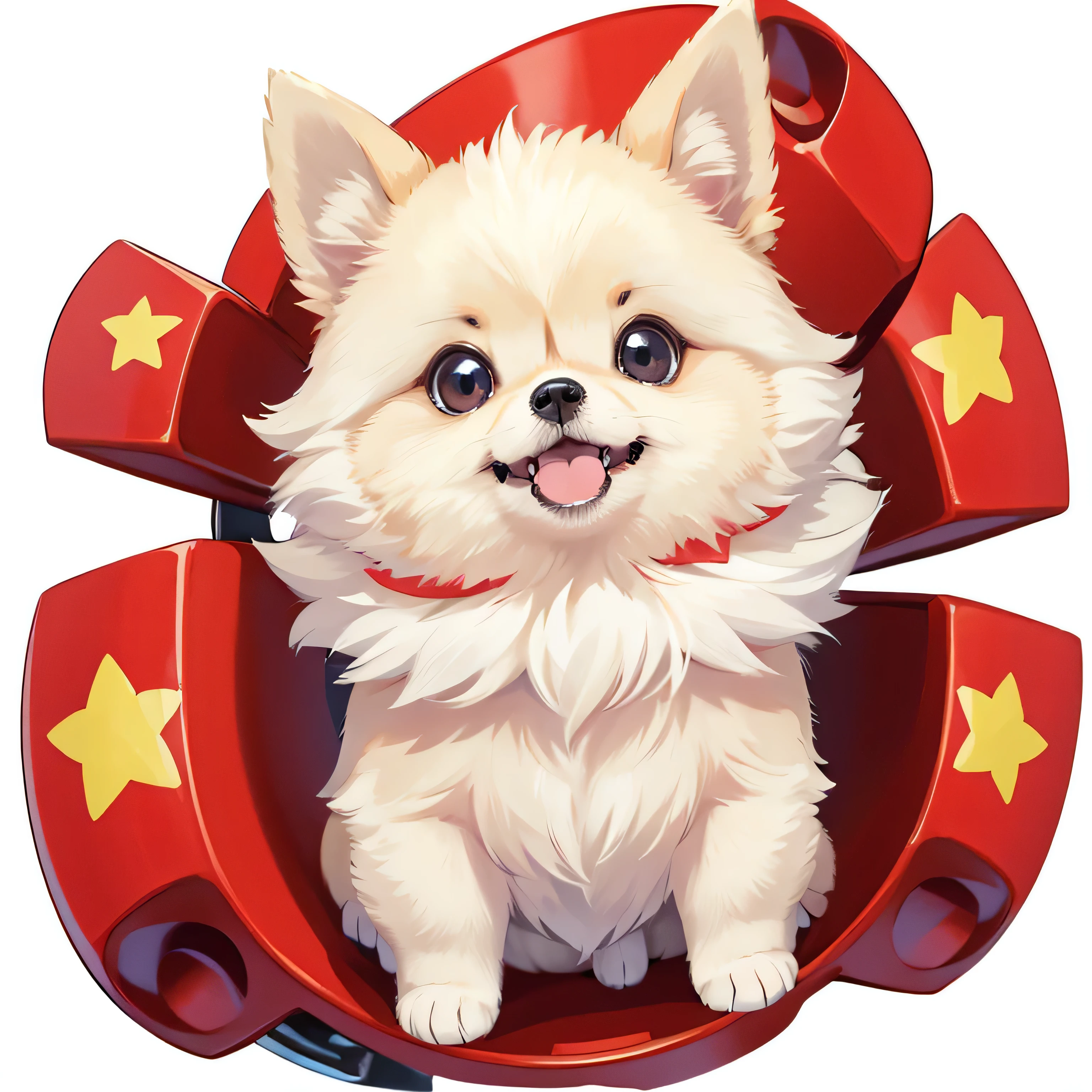 A pomeranian puppy,white background,smile,whole body,jump,
