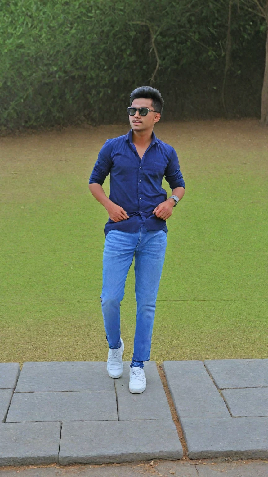 there is a man standing on a stone platform in a park, mohamed chahin style, cool pose, with a cool pose, full body photogenic shot, very artistic pose, full body picture, stylish pose, casual pose, casual photography, candid picture, taken with sony alpha 9, dressed with long fluent clothes, jayison devadas style