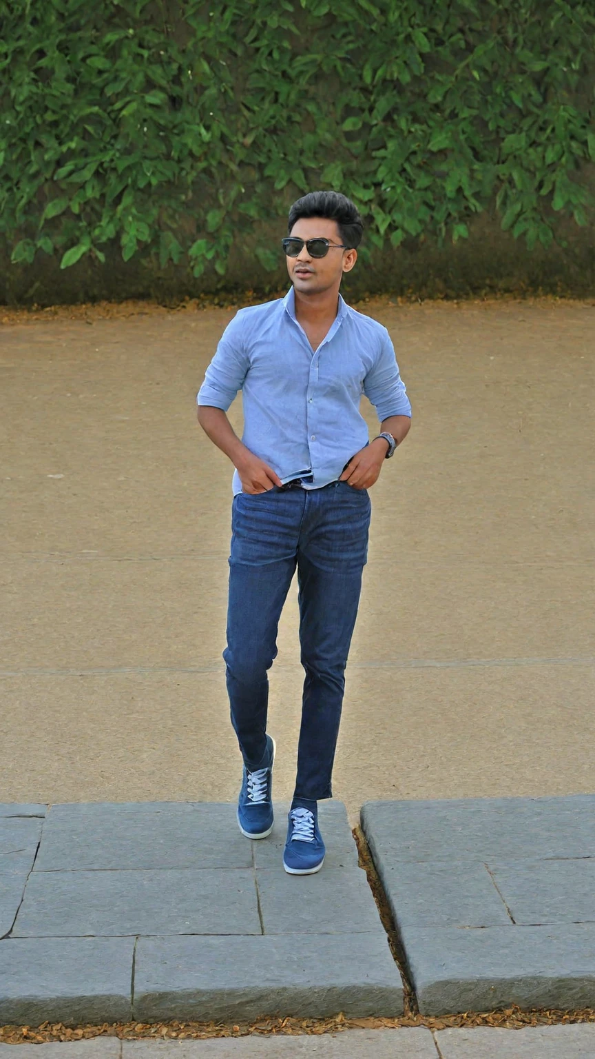 there is a man standing on a stone platform in a park, mohamed chahin style, cool pose, with a cool pose, full body photogenic shot, very artistic pose, full body picture, stylish pose, casual pose, casual photography, candid picture, taken with sony alpha 9, dressed with long fluent clothes, jayison devadas style