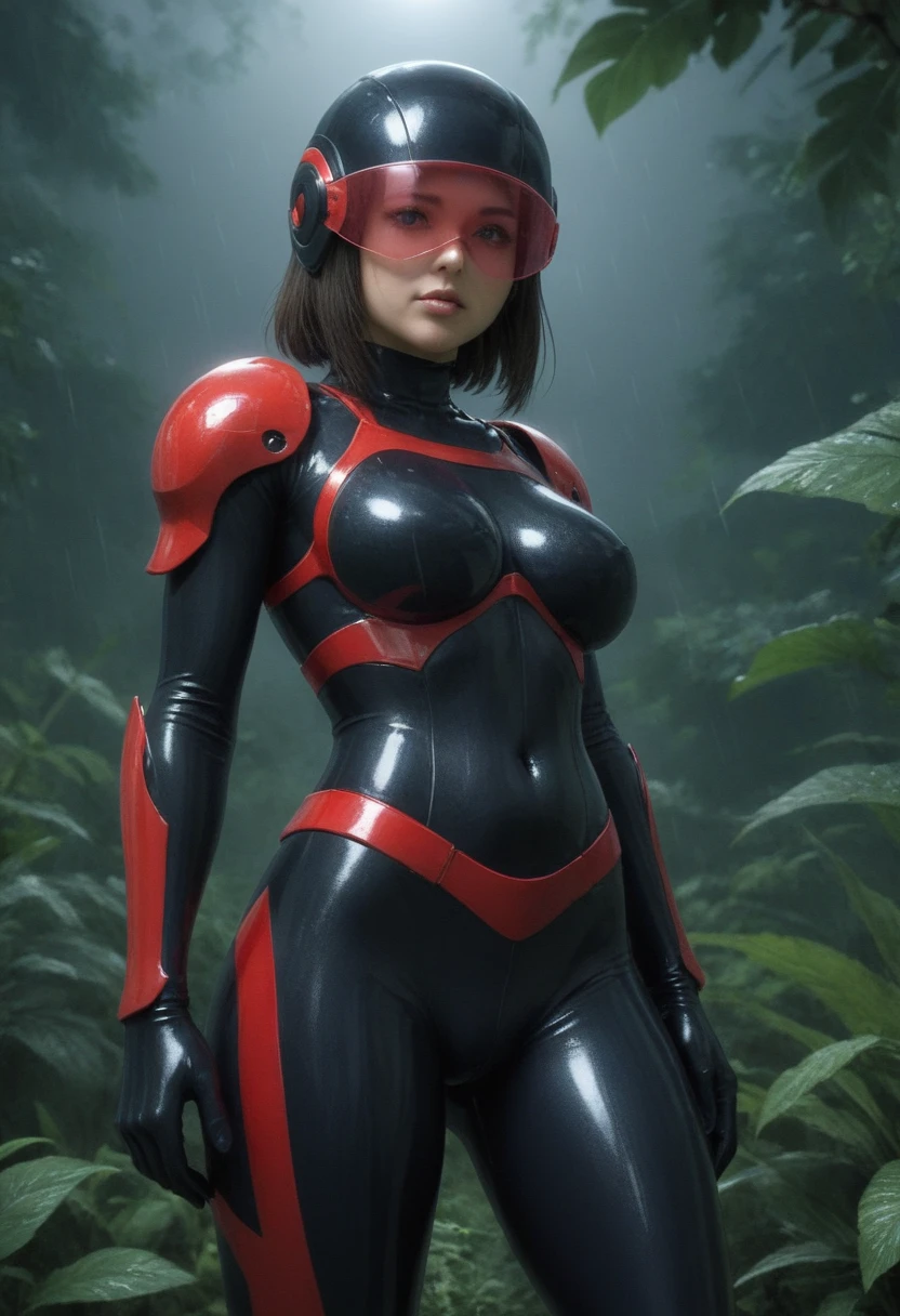 zPDXL, source_anime, BREAK Trilla, helmet with red translucent visor, , armor,black gloves,tight bodysuit,,black pants, BREAK close-up, solo, standing, front view, medium breasts, , wide hips, BREAK x3dce, 3d, jungle background, dense vegetation, rain, night, night sky,