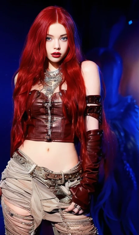 a close up of a woman With red hair wearing a leather outfit blue eyes, with long red hair, waist-length red hair, young beautiful amaranth, erza scarlet as a real person, amaranth, With red hair, she has long orange hair, redhead goddess, Anya Taylor - Vampire Queen Joy, cybergoth, Ava Max, Lilith