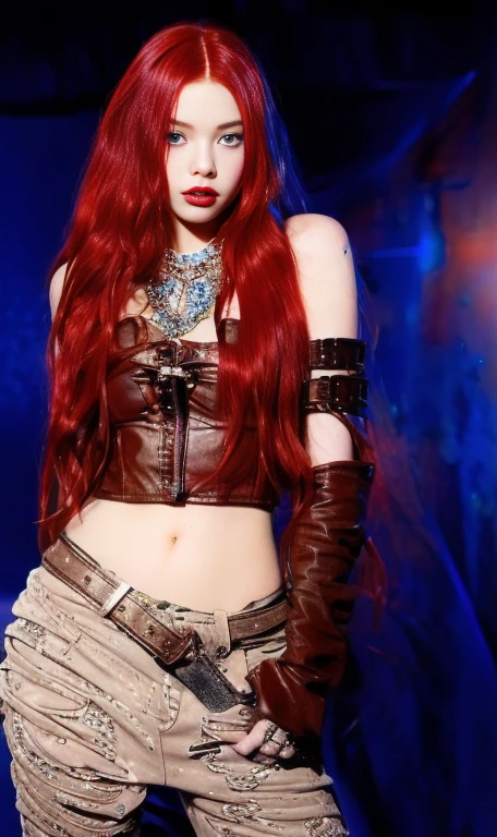 a close up of a woman With red hair wearing a leather outfit blue eyes, with long red hair, waist-length red hair, young beautiful amaranth, erza scarlet as a real person, amaranth, With red hair, she has long orange hair, redhead goddess, Anya Taylor - Vampire Queen Joy, cybergoth, Ava Max, Lilith