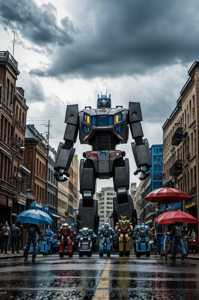 Transformers Robots musical band on a daytime background on a street, cloudy and raining.
Robots must be rusty, 