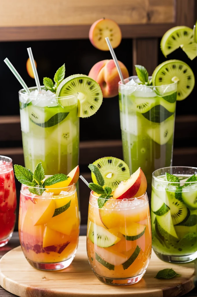 Make me an image where there are 5 different glasses where each one has traditional mojitos, fresa mojito, passion fruit mojitos, kiwi mojito and peach mojito