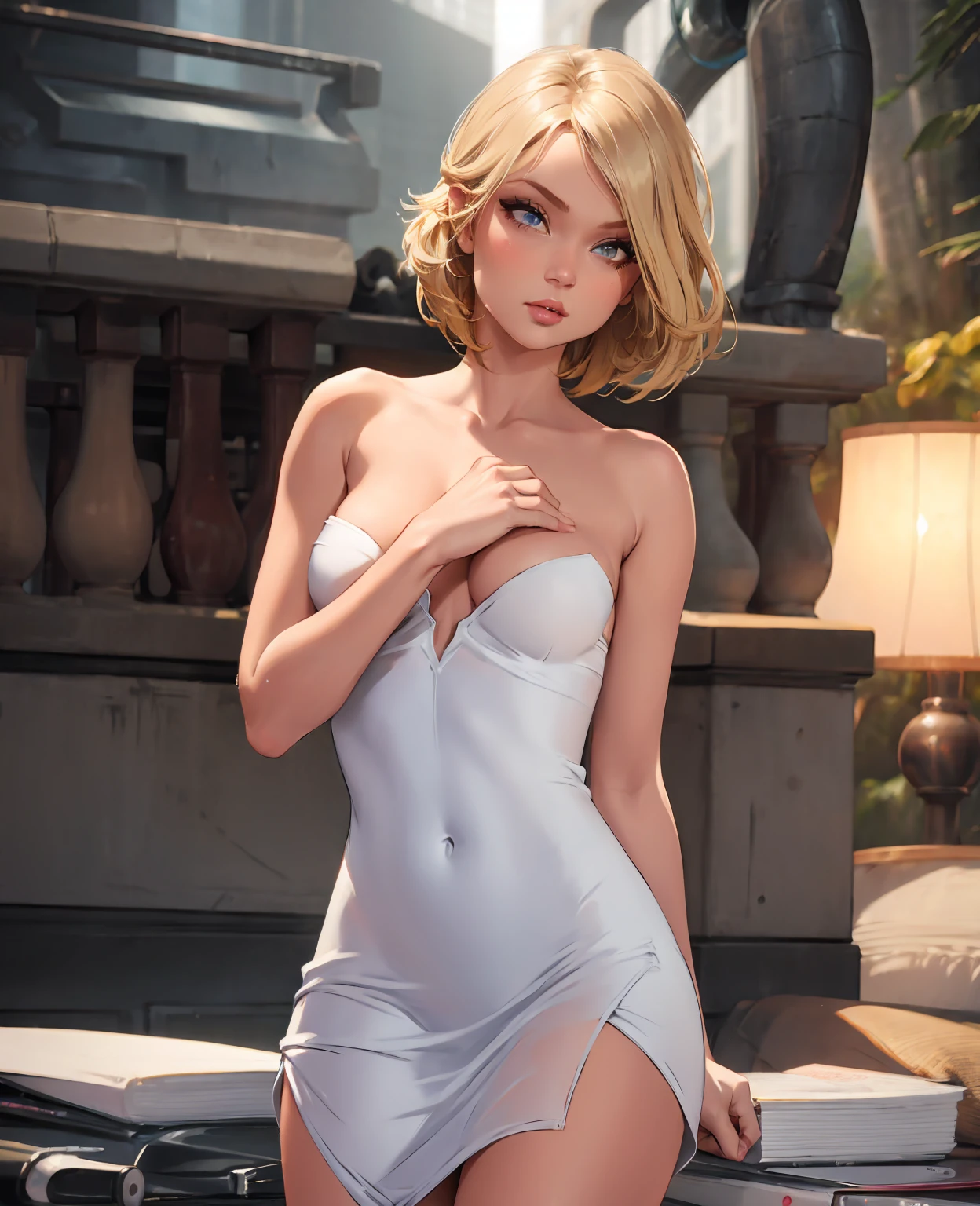 a beautiful young woman, dakota skye, sexy pose, looking directly at camera, detailed facial features, full lips, long eyelashes, perfect skin, tight white dress, slim figure, dynamic lighting, photorealistic, 8k, highly detailed, cinematic, dramatic lighting, glowing skin, volumetric lighting, depth of field, hyper-realistic, artstation, award winning, octane render, unreal engine, cinematic composition