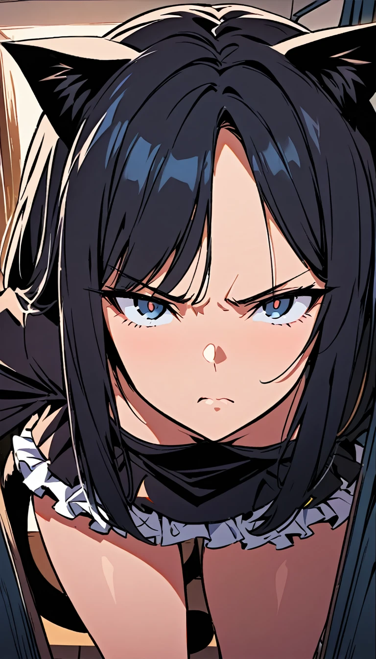 (high quality, 8k, 4K, high contrast, artwork:1.2, high quality, best aesthetics), (dynamic angle), ((1 woman)), erotic, sensual, mature body, super detailed, beautiful face detailed, beautiful eyes detailed, detailed beautiful mouth, perfect breasts, wide thighs, sexy body, (long straight black hair), (black eyes), (black lipstick), (black eyeliner), (black eyeshadow), (serious expression), (penetrating gaze), (black angel wings), (black cat ears), (black cat tail), (short black dress with short ruffled skirt and long sleeves), (centered), (looking at viewer), (standing), (inside a bedroom).