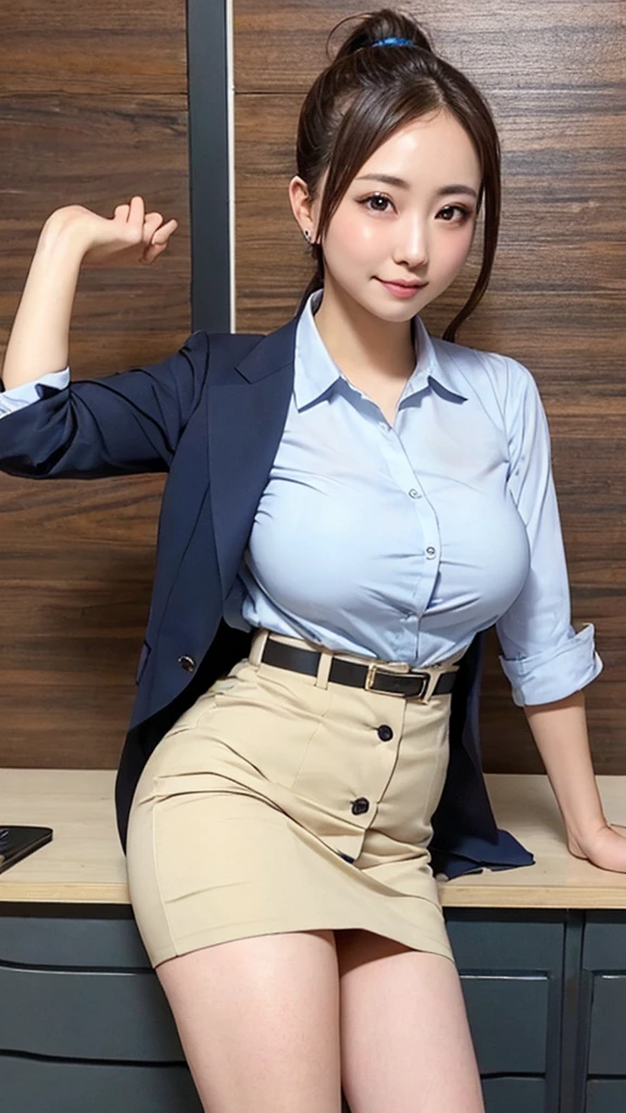 masutepiece、Best Quality、Illustration、 Ultra-detail、hight resolution、8k Wallpapers、Perfect dynamic composition,、Big and beautiful eyes、business suit、Brown Hair、High ponytail(Beautiful Large Breasts:1.3)、Natural color lip、Bold sexy poses、Smile、20 years girl、Cute、sexy shot looking at camera、One woman、skirt、Office Lady、Beautiful legs、sexy、White shirt、The buttons on my shirt are about to fly off、Breasts with a pat、Her underwear is visible