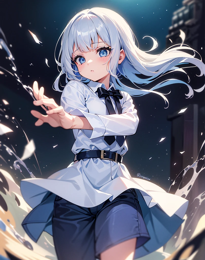 pequeña, Little girlLittle girl, pequeña gris con cabello largo de ojos azules camisa corta de color blanco, strong blue jeans, en battle pose, defense pose, on guard, battle pose