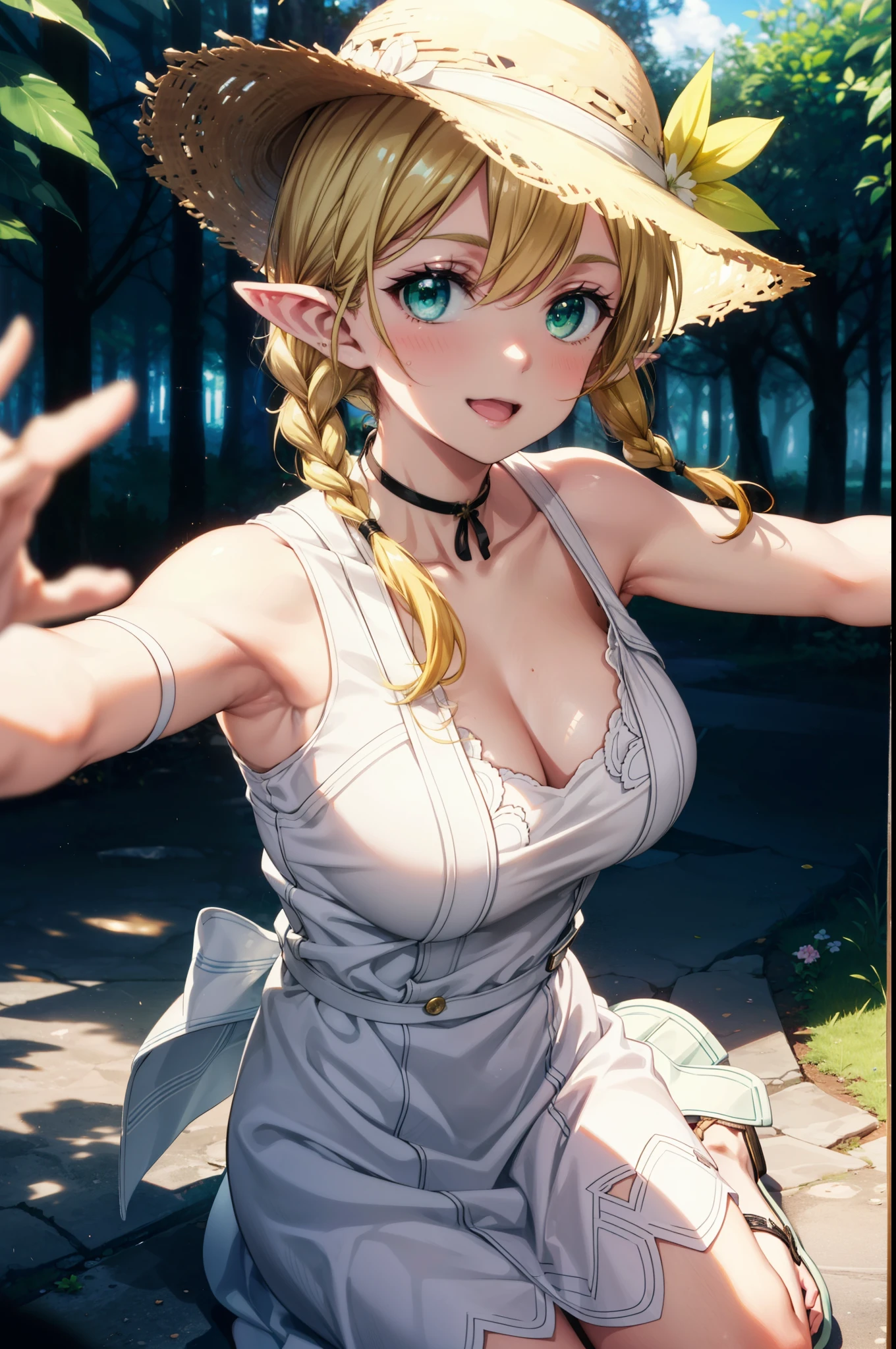 Suguhakirigaya, Suguhakirigaya, Long Hair,Blonde,Green Eyes,Pointy Ears,Short braids,,happy smile, smile, Open your mouth,Big Breasts,White straw hat,White sleeveless dress, bare arms,Green long skirt,Cute Sandals,Are standing,Clear skies,whole bodyがイラストに入るように,
break outdoors, nature, forest,
break looking at viewer, whole body,
break (masterpiece:1.2), Highest quality, High resolution, unity 8k wallpaper, (shape:0.8), (Beautiful attention to detail:1.6), Highly detailed face, Perfect lighting, Extremely detailed CG, (Perfect hands, Perfect Anatomy),