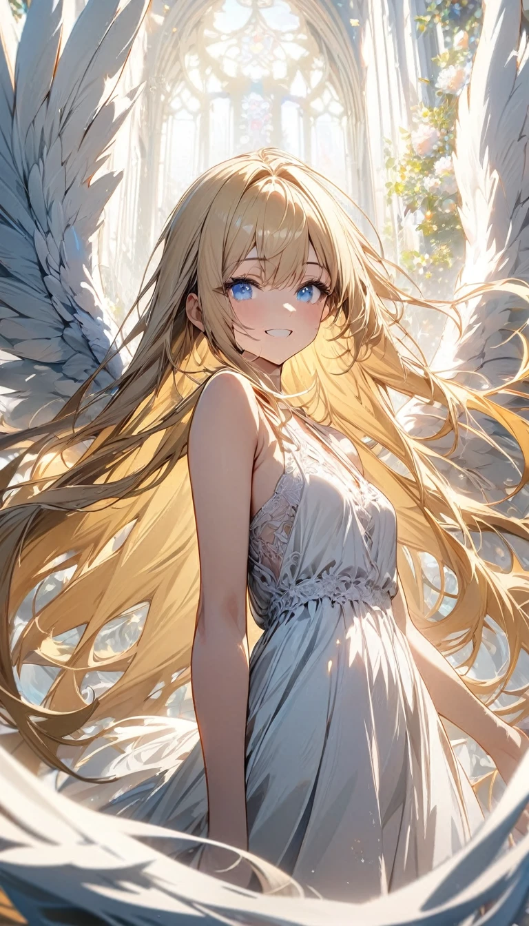 Young girl, very long blonde hair, blue eyes, smile, angel wings, white light dress, sleeveless, Masterpiece, best quality, Full HD, 8k, ultra details, great graphic
