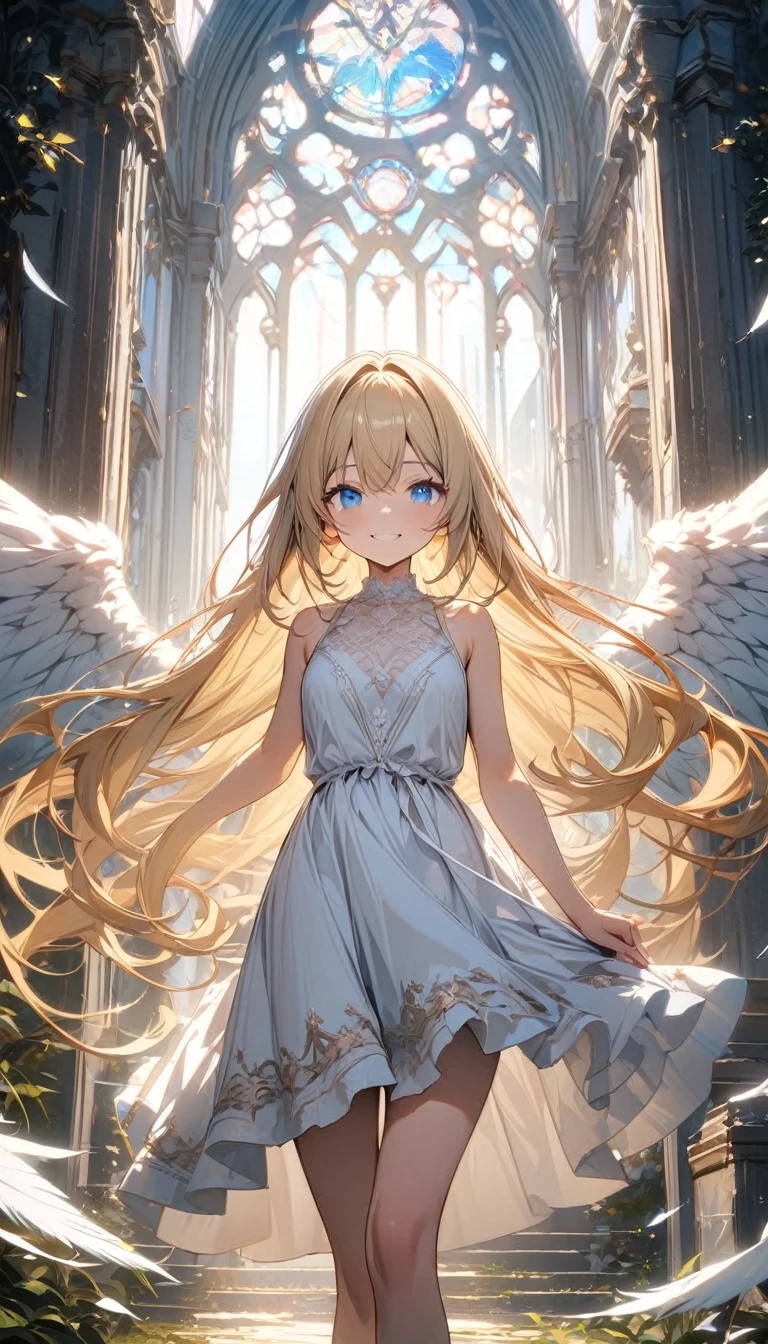Young girl, very long blonde hair, blue eyes, smile, angel wings, white light dress, sleeveless, Masterpiece, best quality, Full HD, 8k, ultra details, great graphic