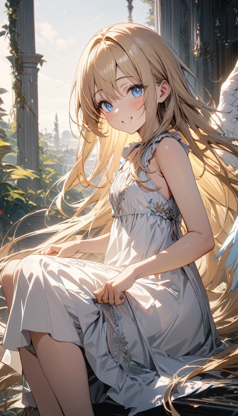 Young girl, very long blonde hair, blue eyes, smile, angel wings, white light dress, sleeveless, Masterpiece, best quality, Full HD, 8k, ultra details, great graphic