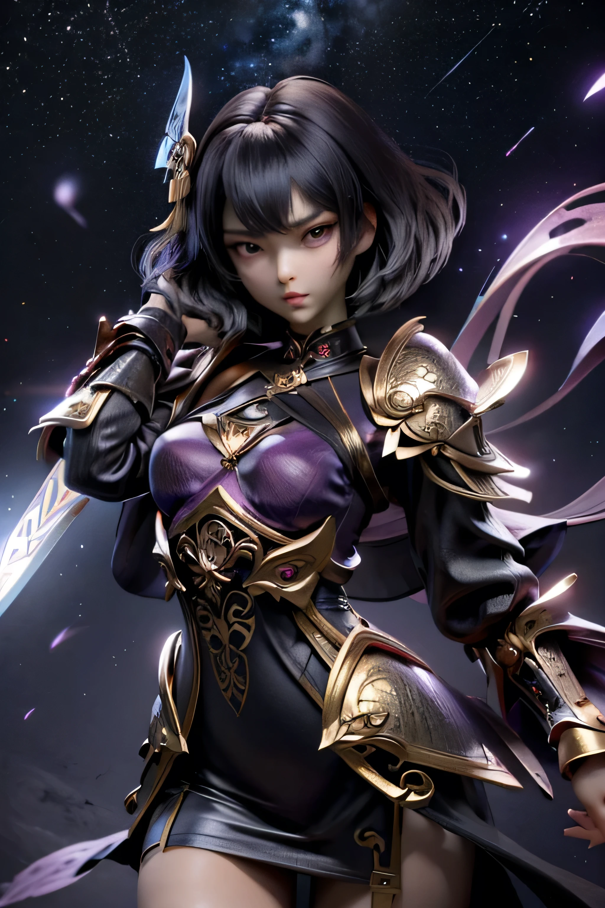 a sexy anime girl, thin purple aura, short hair, black hair, Brown eyes, very long black dress, partes de armor dorada, armor, armadra rune symbols, right hand wielding golden katana, Realistic, capricorn constellation background, small breasts, Realistic,
