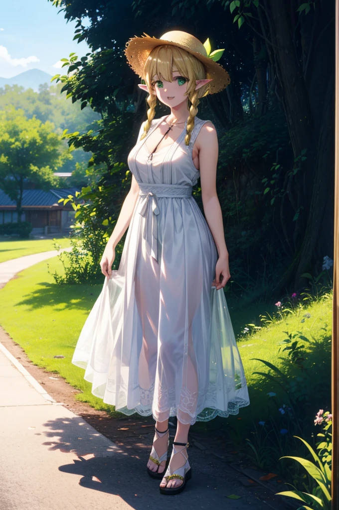 Suguhakirigaya, Suguhakirigaya, Long Hair,Blonde,Green Eyes,Pointy Ears,Short braids,,happy smile, smile, Open your mouth,Big Breasts,White straw hat,White sleeveless dress, bare arms,Green long skirt,Cute Sandals,Are standing,Clear skies,whole bodyがイラストに入るように,
break outdoors, nature, forest,
break looking at viewer, whole body,
break (masterpiece:1.2), Highest quality, High resolution, unity 8k wallpaper, (shape:0.8), (Beautiful attention to detail:1.6), Highly detailed face, Perfect lighting, Extremely detailed CG, (Perfect hands, Perfect Anatomy),