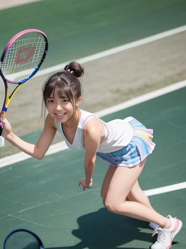 Japanese female, a lot of details, (underweight), 30 years old, detailed black hair, beautiful detailed hair, super fucking beautiful, delicate beautiful face, complex details beautiful and delicate eyes, perfect hands, (flat chest best quality:1.5), perfect and delicate limbs, detailed skin, best quality, ultra-detailed,(cheerful grin:1.5),
standing, (legs spread:1.2), bending over, hair bun, (rainbow gradient tennis wear), (with a tennis racket), japanese, Tennis court, (full body shot:1.3), from front, (dynamic angle:1.5)