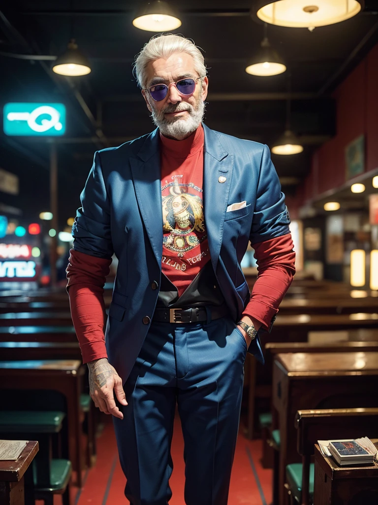 analogue fashion photo shot of mature handsome man with short silver hair, 70 years old, beard, tattoos, in a 1950 cuban supermarket, ((neon lights red and blue lights)), ((high fashion suit, Versace)), sunglasses, model poseullbody shot))), (little smile:1.3), masterpiece, eye level, Kodak Funsaver, Porta 160, 20mm, bokeh, in the style of Nan Goldin, textured, distressed, ((vintage)), edgy, noisy, high contrast