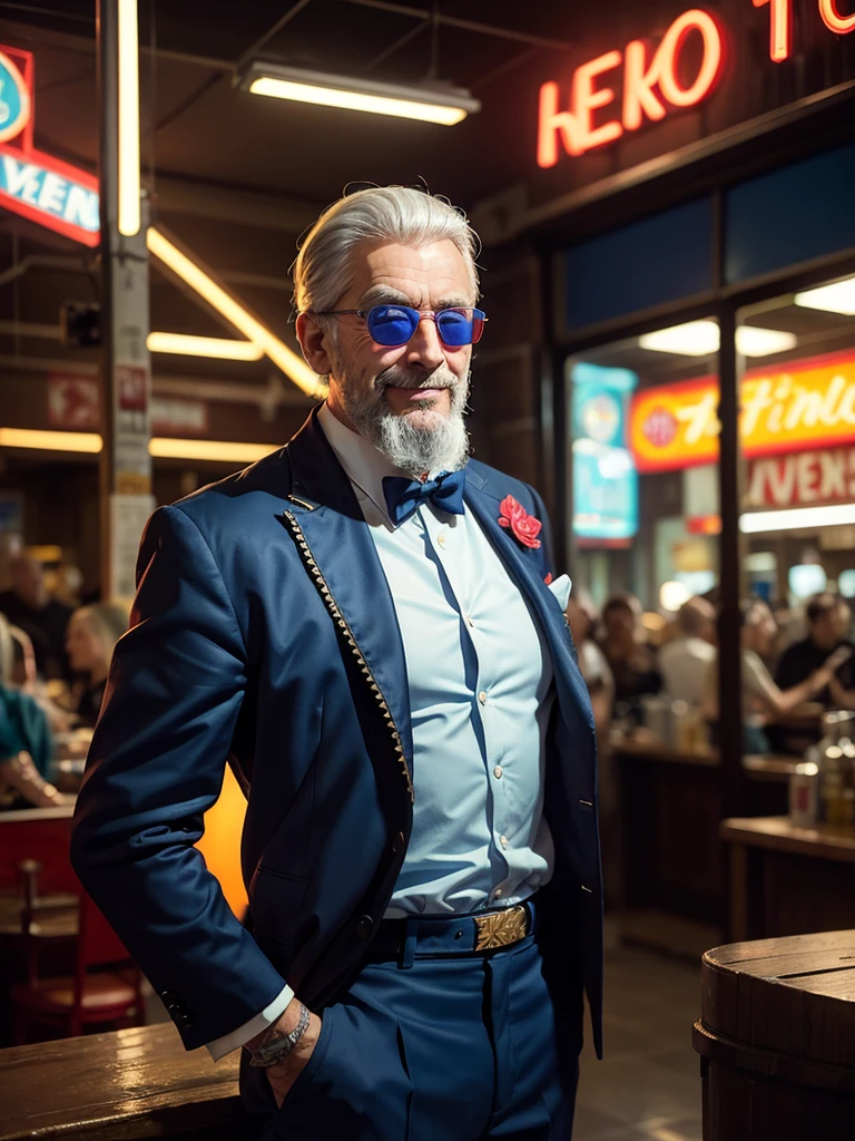 analogue fashion photo shot of mature handsome man with short silver hair, 70 years old, beard, tattoos, in a 1950 cuban supermarket, ((neon lights red and blue lights)), ((high fashion suit, Versace)), sunglasses, model poseullbody shot))), (little smile:1.3), masterpiece, eye level, Kodak Funsaver, Porta 160, 20mm, bokeh, in the style of Nan Goldin, textured, distressed, ((vintage)), edgy, noisy, high contrast