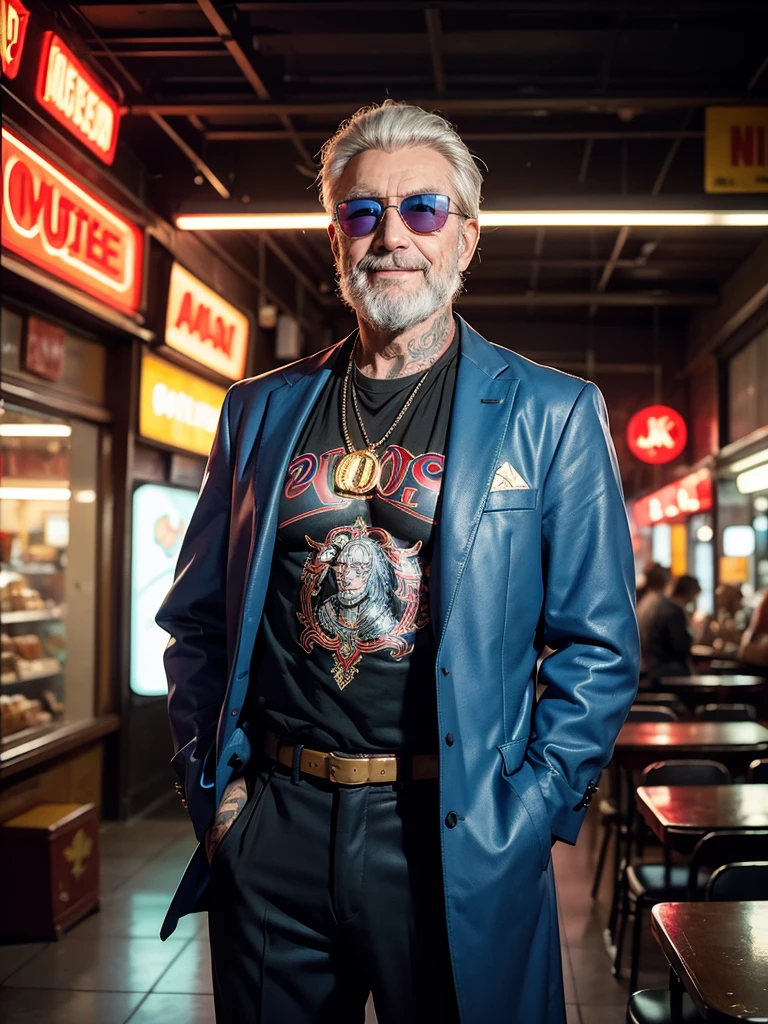analogue fashion photo shot of mature handsome man with short silver hair, 70 years old, beard, tattoos, in a 1950 cuban supermarket, ((neon lights red and blue lights)), ((high fashion suit, Versace)), sunglasses, model poseullbody shot))), (little smile:1.3), masterpiece, eye level, Kodak Funsaver, Porta 160, 20mm, bokeh, in the style of Nan Goldin, textured, distressed, ((vintage)), edgy, noisy, high contrast