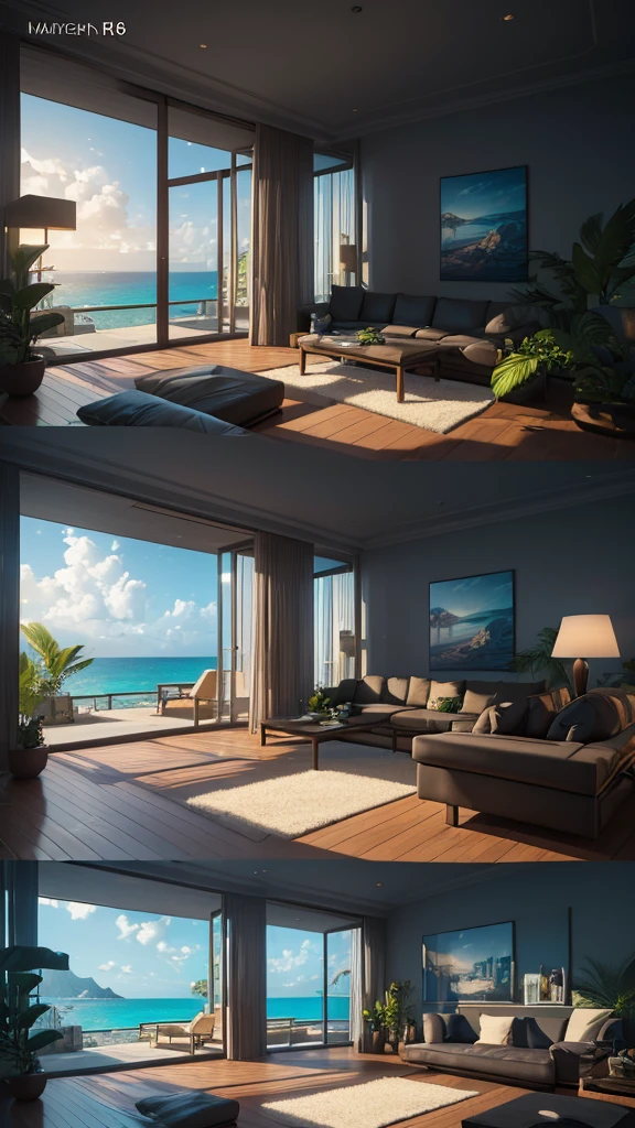 (masterpiece,Highest quality:8K) Close-up of a living room with large windows and ocean view, Relaxing environment, Tropical regions, HDR Rendering in Unreal Engine 5, Unreal Engine 5 8k rendering, Unreal Engine 5 rendered, Summer Unreal Engine 5, Close to real nature, Realistic Unreal Engine 5, Detailed Unreal Engine 5 Rendering, Luxurious surroundings, Highly realistic Unreal Engine