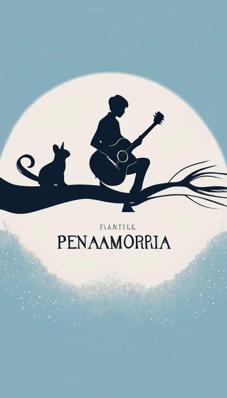 A minimal, modern, simple, cinematic logo design for the brand “Penamemoria". The logo design must be a simple, silhouette of a boy, standing up, playing acoustic guitar and fantasy feather by his side. The logo must convey a sense of music, stories, memories and dreams. Logo design impressed on a book cover. Minimalistic logo. Light blue, white and soft golden as colors for the logo design